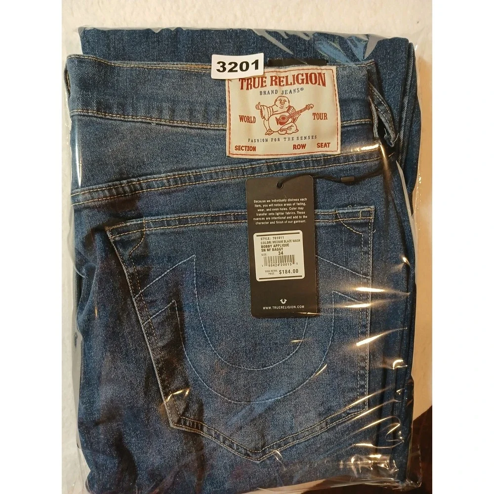 True Religion Bobby Applique Relaxed Baggy Jeans Mens W34 L32 Medium Blaze NWT